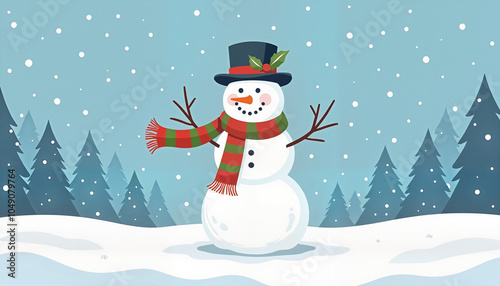 Joyful snowman wearing a top hat and scarf in a snowy winter landscape.