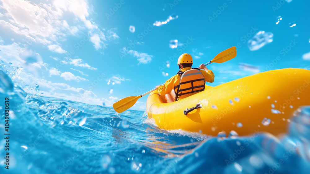 A person kayaking in clear blue water under a bright sky during a sunny day