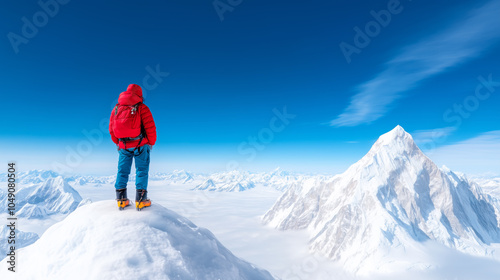 A climber stands on top of a snow-covered peak, gazing at distant mountains under a clear blue sky photo