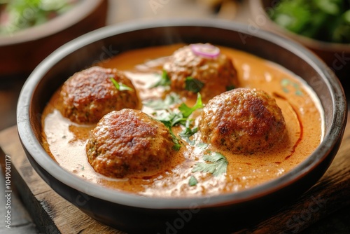 Bowl of meatballs in a red sauce. The meatballs are cooked and are sitting in a bowl of sauce. The bowl is on a wooden table