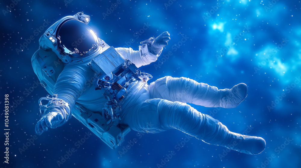 Fototapeta premium Astronaut floating in the vastness of space during a mission beyond Earth in a starry background