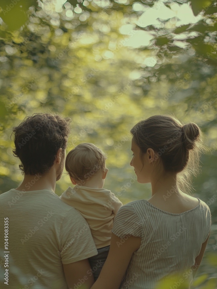 Man, a woman, and a baby are standing in a forest, holding hands and enjoying each other's company. The baby is looking up at the sky, while the man and woman look down at the child, smiling Man, a woman, and a baby are standing in a forest, holding hands and enjoying each other's company. The baby is looking up at the sky, while the man and woman look down at the child, smiling