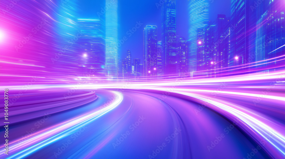 Fototapeta premium Bright neon lights illuminate a city highway at night with vibrant colors and motion blur