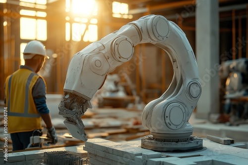 A futuristic bricklaying robot constructs walls at a modern construction site under the warm glow of the setting sun photo