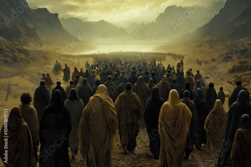 A large group of men fleeing in the Exodus through a barren landscape towards the horizon photo