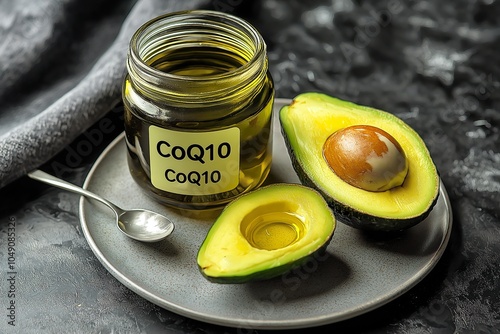 A still-life arrangement featuring a jar labeled CoQ10 alongside fresh avocado halves on a plate, showcasing a healthy lifestyle and nutrition focus photo