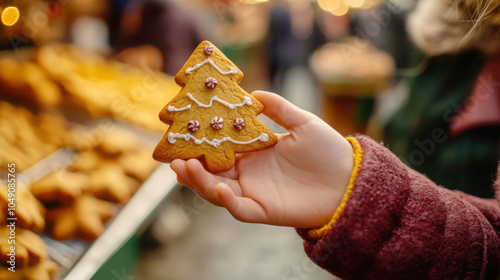 Close-up of festive gingerbread cookie at holiday market - perfect for seasonal promotion photo