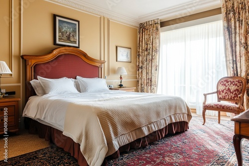 Interior of a hotel apartment with large master bed ,generative ai