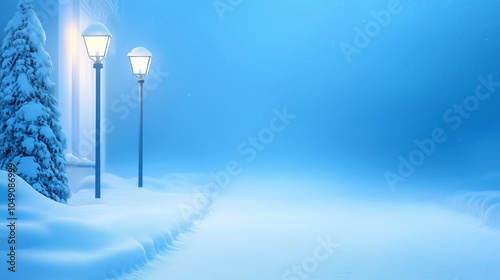 A serene winter evening with streetlamps glowing softly in a snow-covered landscape photo