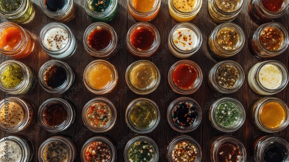 A colorful array of sauces and condiments in small jars arranged on a wooden surface. A colorful array of sauces and condiments in small jars arranged on a wooden surface.