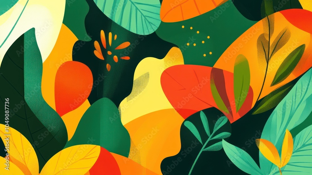 A vibrant illustration of leaves and foliage in various colors and shapes. A vibrant illustration of leaves and foliage in various colors and shapes.