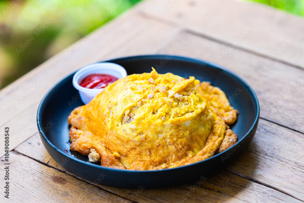 Omelet fried beaten eggs with minced pork on jasmin rice with chilli sauce,Thai traditional style. Omelet fried beaten eggs with minced pork on jasmin rice with chilli sauce,Thai traditional style.