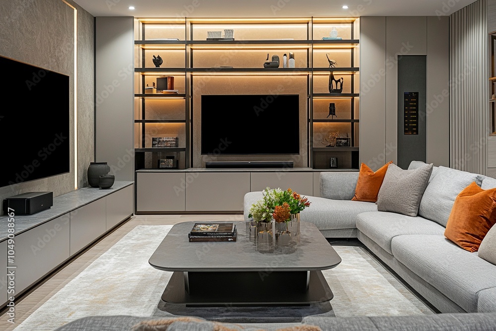 Interior of light living room with grey sofa, coffee table and shelf units.generative ai Interior of light living room with grey sofa, coffee table and shelf units.generative ai