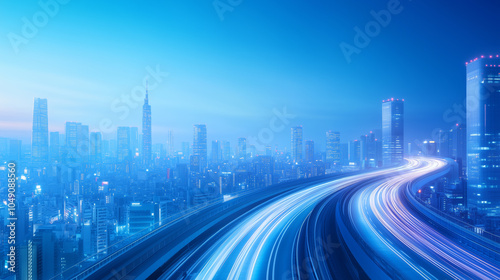 City skyline at dusk with light trails from moving vehicles on elevated highway