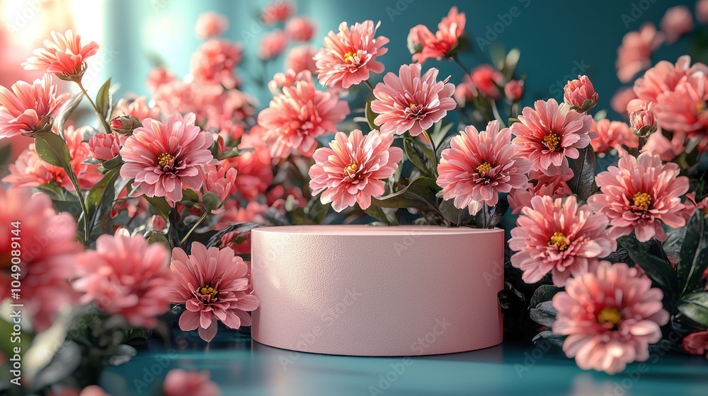 Pink Flowers Surrounding a Cylindrical Platform