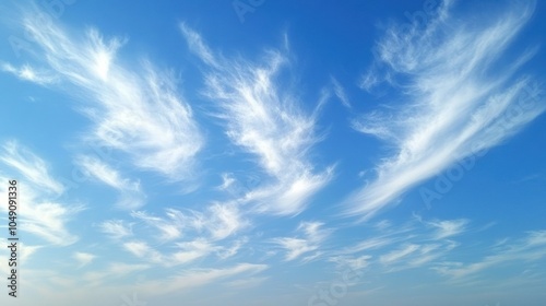 A serene sky filled with wispy clouds against a bright blue background.