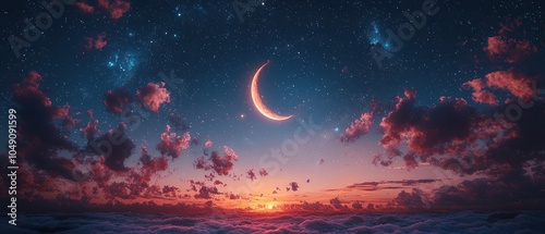 A Crescent Moon Above Clouds at Sunset with a Starry Sky