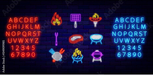 Steak house. Barbecue neon icons collection. Glowing symbols banner. Catering party. Grill bar. Shiny red and blue alphabet. Editable stroke. Vector stock illustration