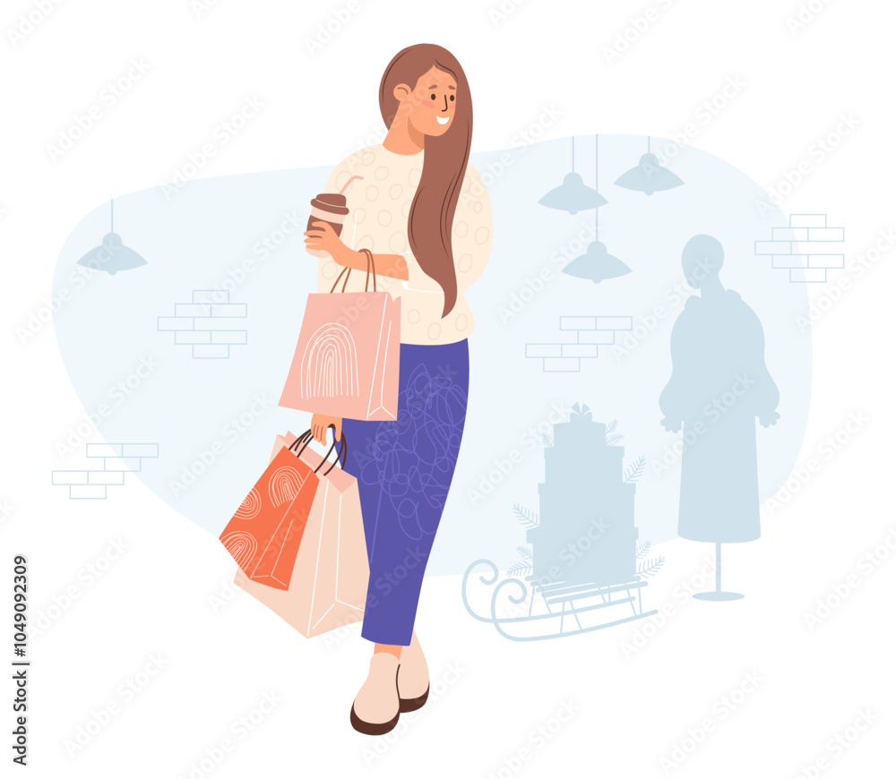 Shopping. Happy woman buyer with coffee and packages. Interior of store with mannequin in dress and a New Year sleigh with gift boxes. Vector illustration. Female shopper Shopping. Happy woman buyer with coffee and packages. Interior of store with mannequin in dress and a New Year sleigh with gift boxes. Vector illustration. Female shopper