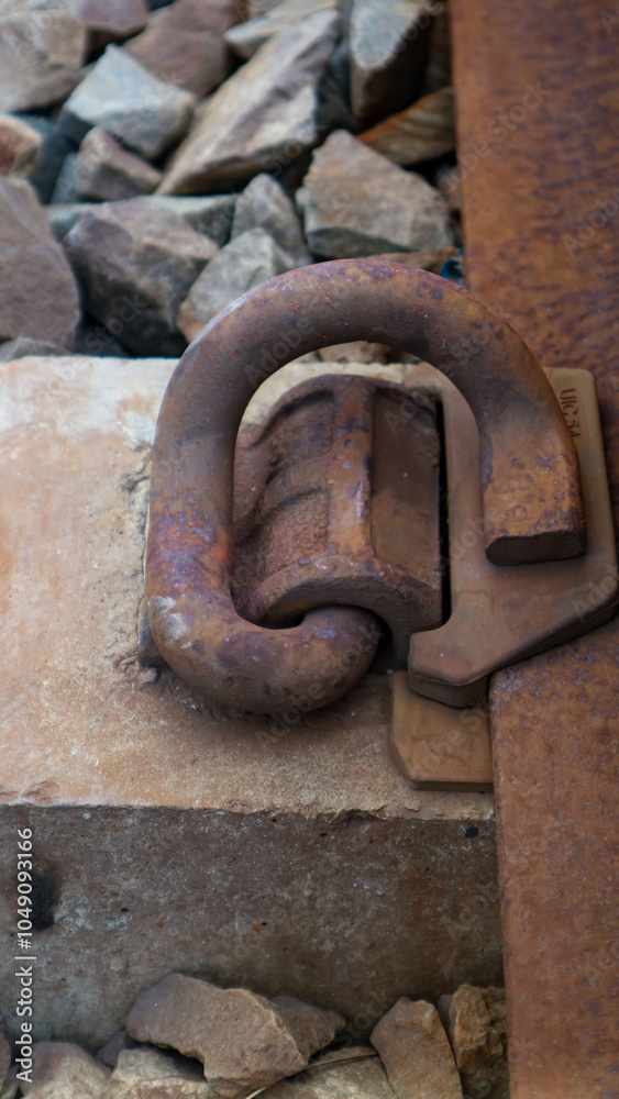 Close up of railway retaining clip Close up of railway retaining clip