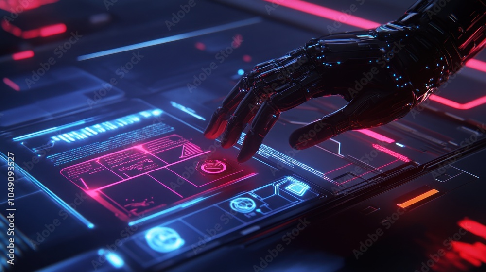 Obraz premium A robotic hand interacts with a futuristic touchscreen interface filled with digital data.