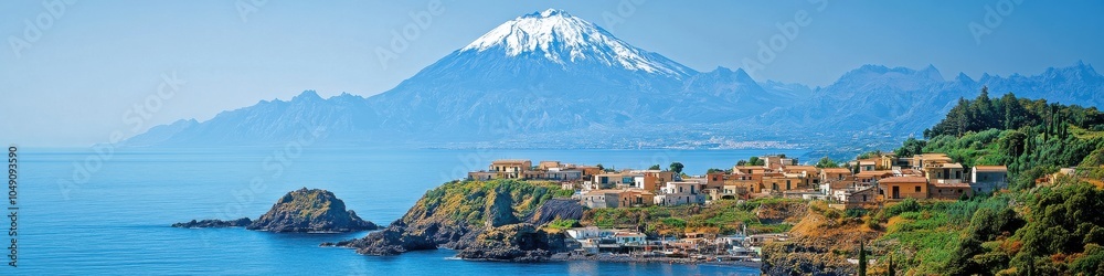 Obraz premium Scenic Coastal Village with Snow-Capped Mountain and Ocean View: Majestic Panorama of Nature, Blue Water, White Peaks, Rocky Shorelines, and Idyllic Landscape