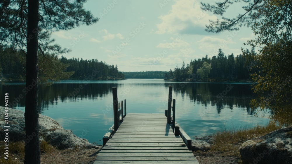 Naklejka premium A serene lakeside view featuring a wooden dock and surrounding trees under a cloudy sky.