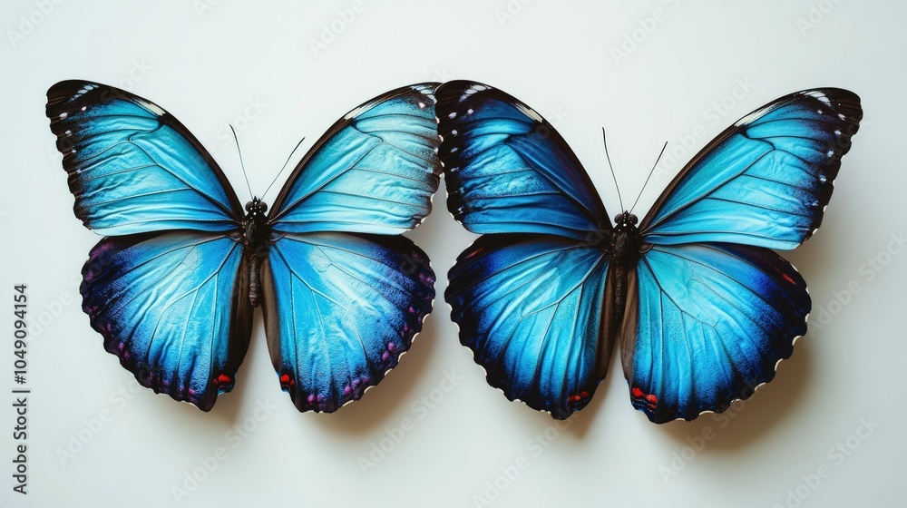 Fototapeta premium Four vibrant blue butterflies with unique wing details, displayed symmetrically on a clear background for nature-inspired designs.