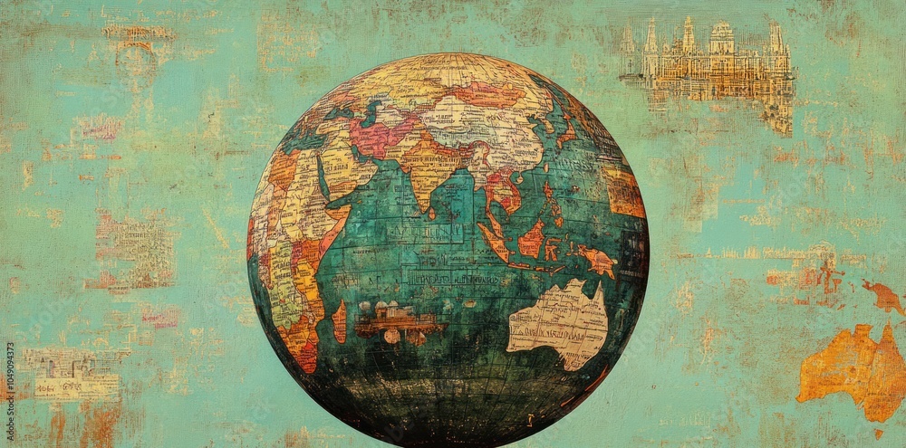Fototapeta premium A vintage-style globe illustration showcasing continents and oceans with artistic textures.