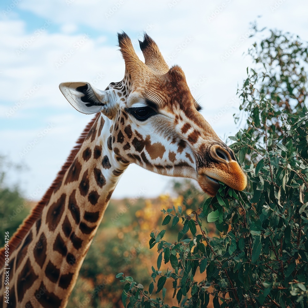 Majestic Giraffe Grazing in African Savanna: Wildlife Safari, Tall Animal Eating Leaves, Nature Photography, Lush Greenery, Blue Sky, Long Neck, Herbivore Scene Majestic Giraffe Grazing in African Savanna: Wildlife Safari, Tall Animal Eating Leaves, Nature Photography, Lush Greenery, Blue Sky, Long Neck, Herbivore Scene