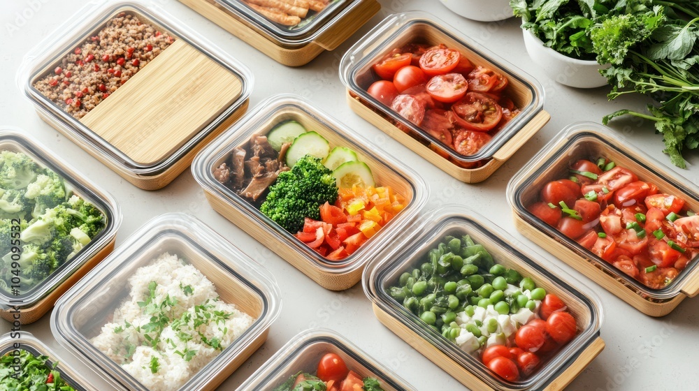 A variety of meal prep containers filled with fresh vegetables, grains, and proteins for healthy eating. A variety of meal prep containers filled with fresh vegetables, grains, and proteins for healthy eating.