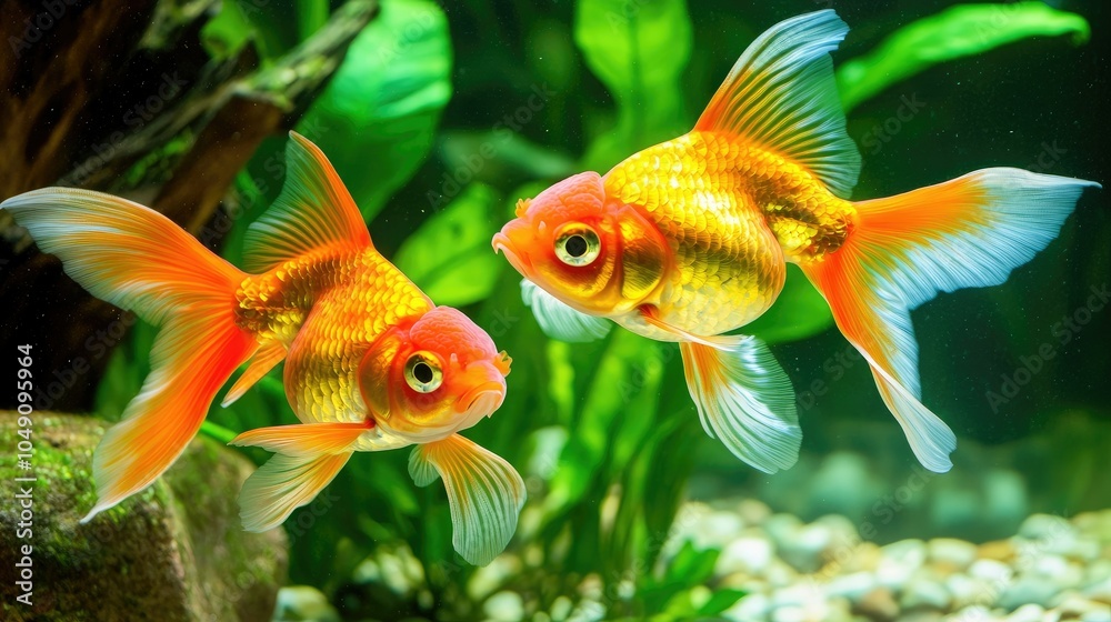 Goldfish swimming gracefully in an aquarium, captured in a close-up view. Goldfish swimming gracefully in an aquarium, captured in a close-up view.