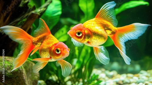 Goldfish swimming gracefully in an aquarium, captured in a close-up view.