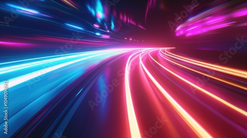 Futuristic city street light trails at night with a bright neon sign in the background