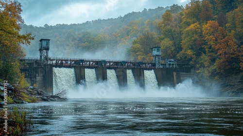 Heavy water flow cascading from the dam, causing splashes and mist as it falls into the river. photo