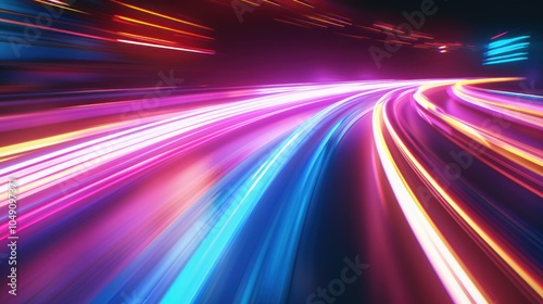 Futuristic city street light trails at night with a bright neon sign in the background