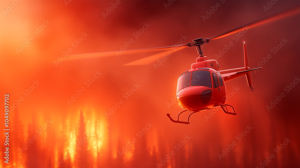 Helicopter battling wildfires under a dramatic orange sky during a summer sunset in a forest Helicopter battling wildfires under a dramatic orange sky during a summer sunset in a forest