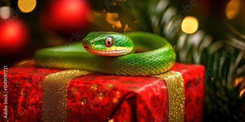 Green Snake Around Christmas Gift Box, Chinese New Year Symbol 2025
