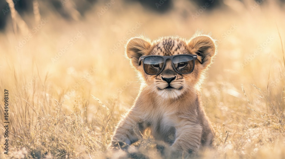 Obraz premium Lion cub with cute sunglasses, playing in the tall grass under the bright sun.