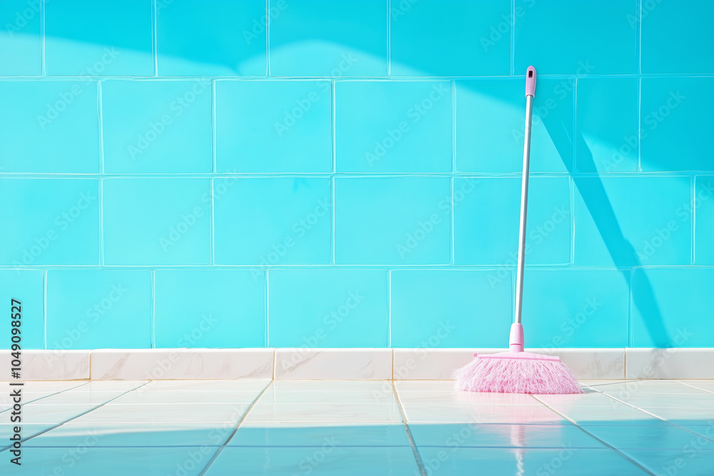 Obraz premium A pink broom stands on a shiny tiled floor against a bright blue wall in a sunny indoor space