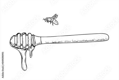 Honey wooden stick with syrup drip and flying bee hand drawn vector isolated illustration. Natural healthy sweetness dripping from spoon monochrome flat for poster, label, package