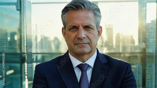 Businessman in modern office with city skyline, symbolizing confidence and success.
