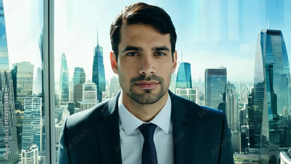 Businessman in modern office with city skyline, symbolizing confidence and success. Businessman in modern office with city skyline, symbolizing confidence and success.