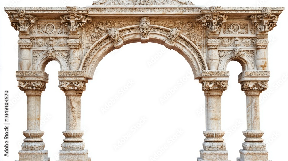 Obraz premium Old stone arch with intricate carvings, standing isolated on a white background.