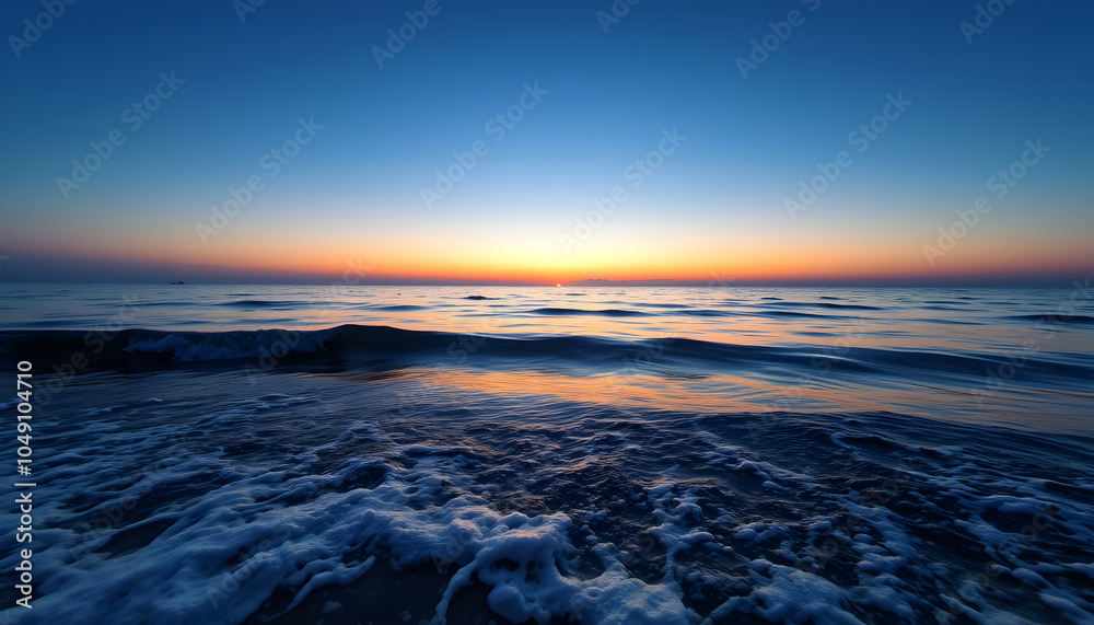 Obraz premium Gentle waves lap against the shoreline at twilight, with a distant horizon and fading sunset casting a serene glow over the calm waters isolated with white highlights, png