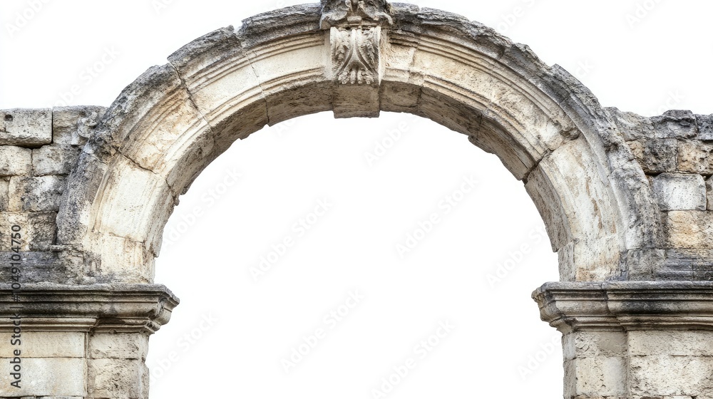 Obraz premium Old stone archway isolated on white, with weathered textures and carvings.