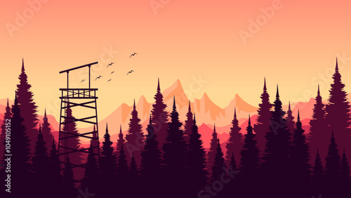 morning sunrise mountain view with pine forest silhouette flat design vector illustration good for presentation, advertising, ads, business, wallpaper, backdrop, background, and web banner