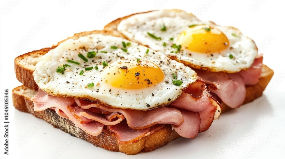 Open-faced Strammer Max sandwich with ham and two eggs, isolated on white. Open-faced Strammer Max sandwich with ham and two eggs, isolated on white.