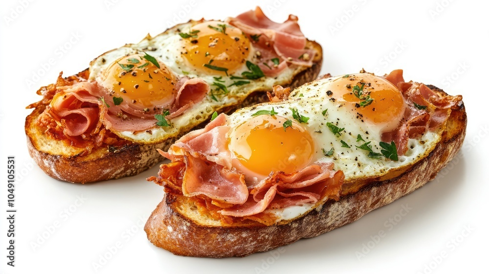 Open-faced Strammer Max with crispy ham and fried eggs, isolated on white. Open-faced Strammer Max with crispy ham and fried eggs, isolated on white.