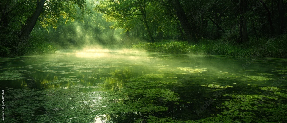 Misty Forest River with Sunlight Streaks and Lush Vegetation Misty Forest River with Sunlight Streaks and Lush Vegetation